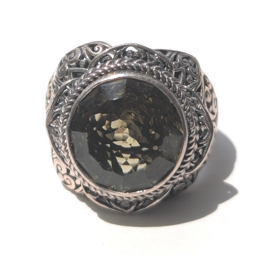 Sarda Sterling Silver 925 Smoky Quartz Filigree‎ Statement Ring Size 7